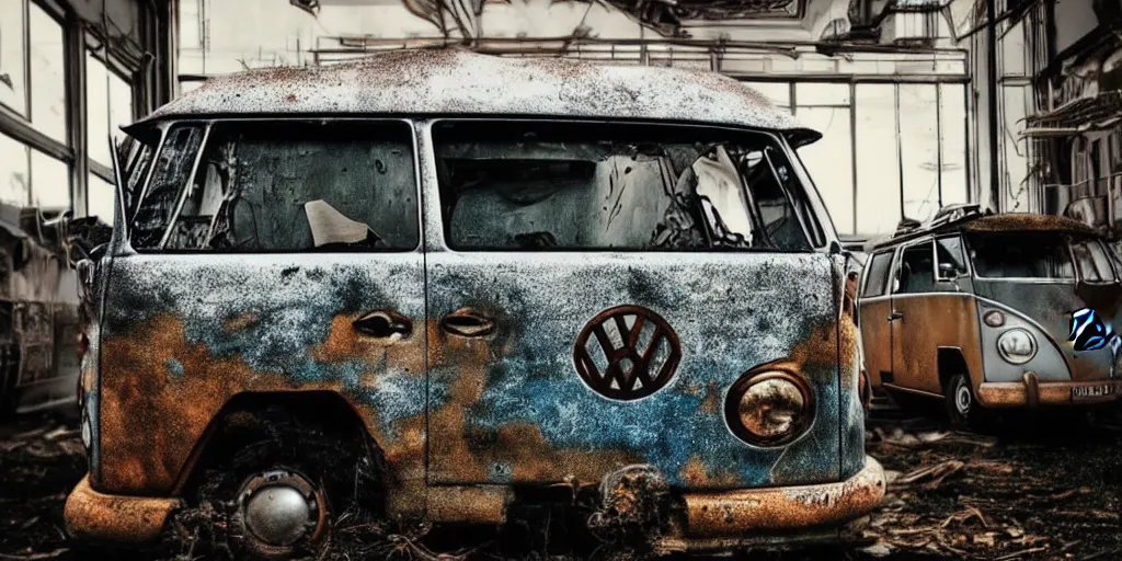 Image similar to close up of a vw campervan in an old industrial vw factory, a ghostly figure is walking between the broken cars, everything is rusted and broken and covered in moss, night time low light, spooky and scary atmosphere, artstation,