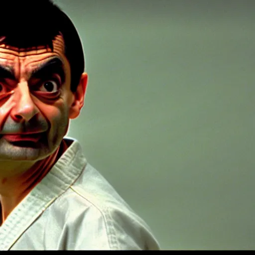 Image similar to mr. bean as the karate kid. movie still. cinematic lighting.