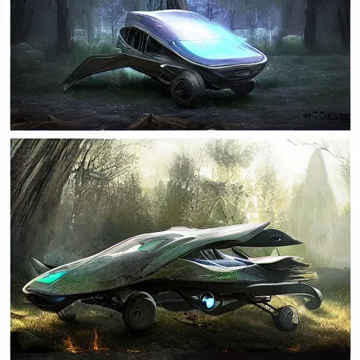 Image similar to flying car in futuristic spiritual mystical post apocalyptic forest, beautiful, crisp, artstation, highly detailed