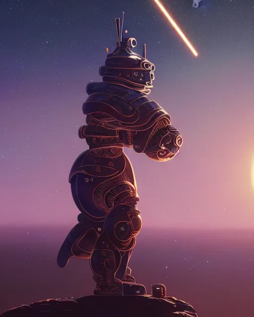 Image similar to highly detailed surreal vfx portrait of a metallic chromatic samurai bear in front of planets filled sky, stephen bliss, unreal engine, greg rutkowski, loish, rhads, beeple, makoto shinkai and lois van baarle, ilya kuvshinov, rossdraws, tom bagshaw, alphonse mucha, global illumination, detailed and intricate environment