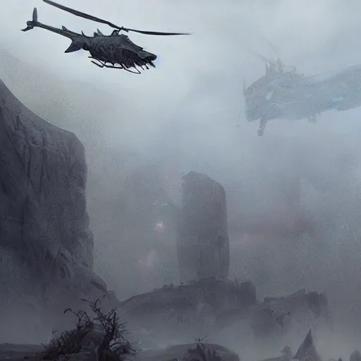 Image similar to an giant reptile creature destroying flying helicopters in a foggy storm weather, Matte painting , detailed painting, greg rutkowski