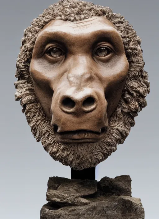 Image similar to a bust sculpture of a neandertal with animal face features, detailed, anatomically correct, ceramic base, orthographic, studio lighting, expresive
