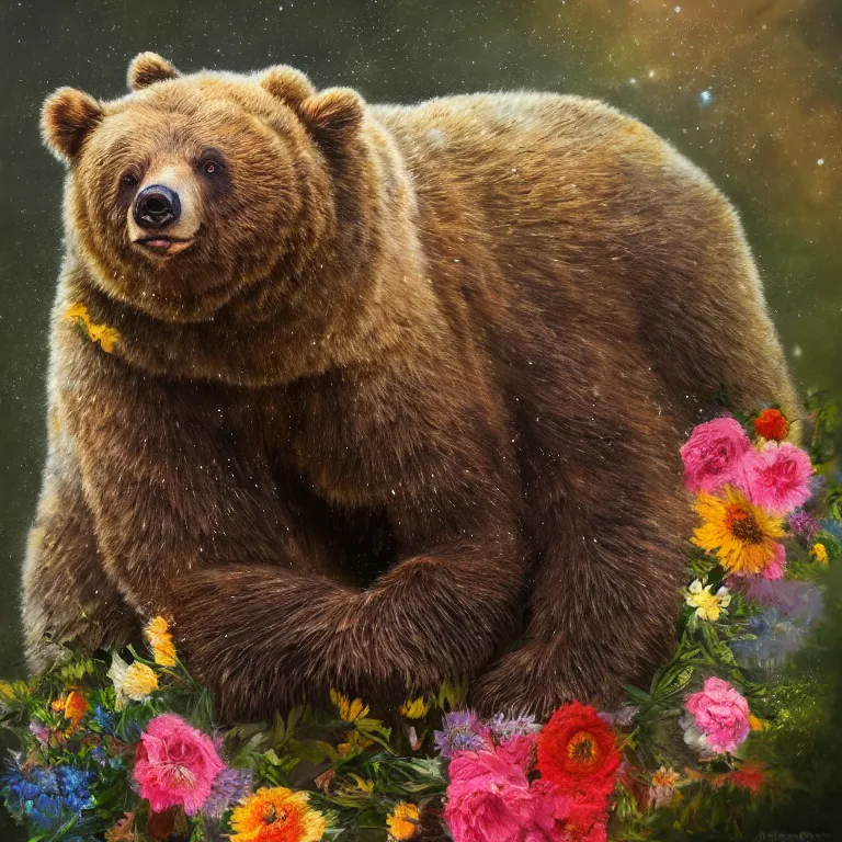 Prompt: a very artistic painting of a single bear with flowers on his head, beautiful and cute, long exposure, high quality, detailed, 8 k resolution, analytical art, art photography, moco, paris school, romanticism