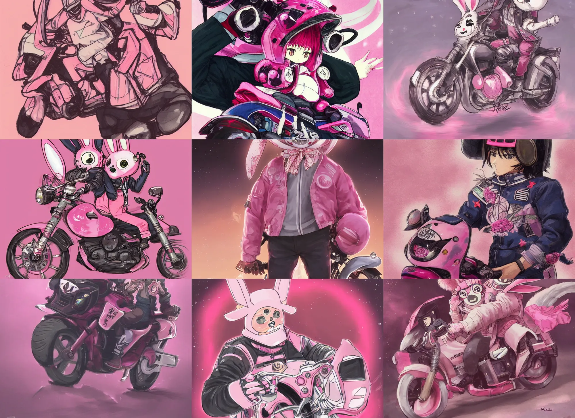 Prompt: official artwork of a half human yokai, motorcycle, helmet, anime pink rabbit wearing a letterman jacket, by Krenz Cushart, detailed art, many stars in the night sky, pink iconic character, 獣, yokai, wallpaper, bunny, large ears, けもの, male character, aesthetic, helmet, ghost, beast, motorbiker, rabbit, rabbit shaped helmet