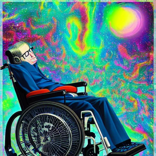 Prompt: A surreal, beautiful painting of Stephen Hawking on Acid, on his wheelchair, floating into the abyss, in the style of Fewocious, hyper realistic, trending on Artstation