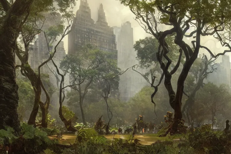 Image similar to a detailed illustration of a hurricane in the middle of central park, flying trees and park items, calamity, dark storms with lightning, 8 k, art by greg rutkowski and alphonse mucha and andreas rocha and albert bierstadt