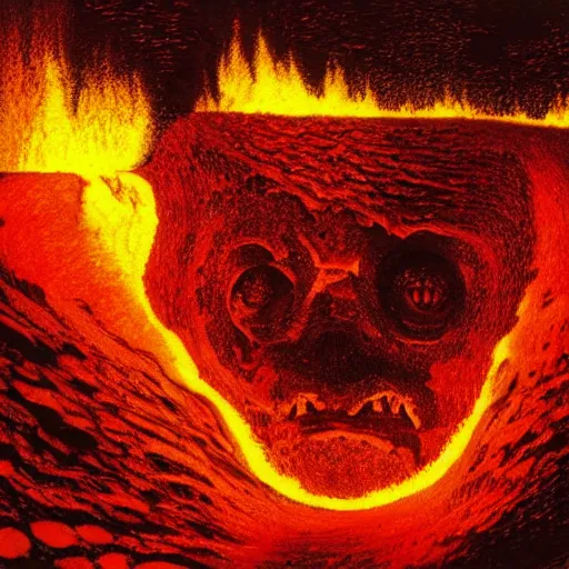 Image similar to head of kirby emerges from a lava lake, cave background, high detail, lava reflections, burning, dramatic shot