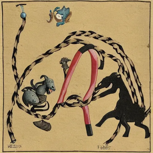 Image similar to a donkey and an octopus are playing a game. the donkey is holding a rope on one end, the octopus is holding onto the other. the donkey holds the rope in its mouth. a cat is jumping over the rope.