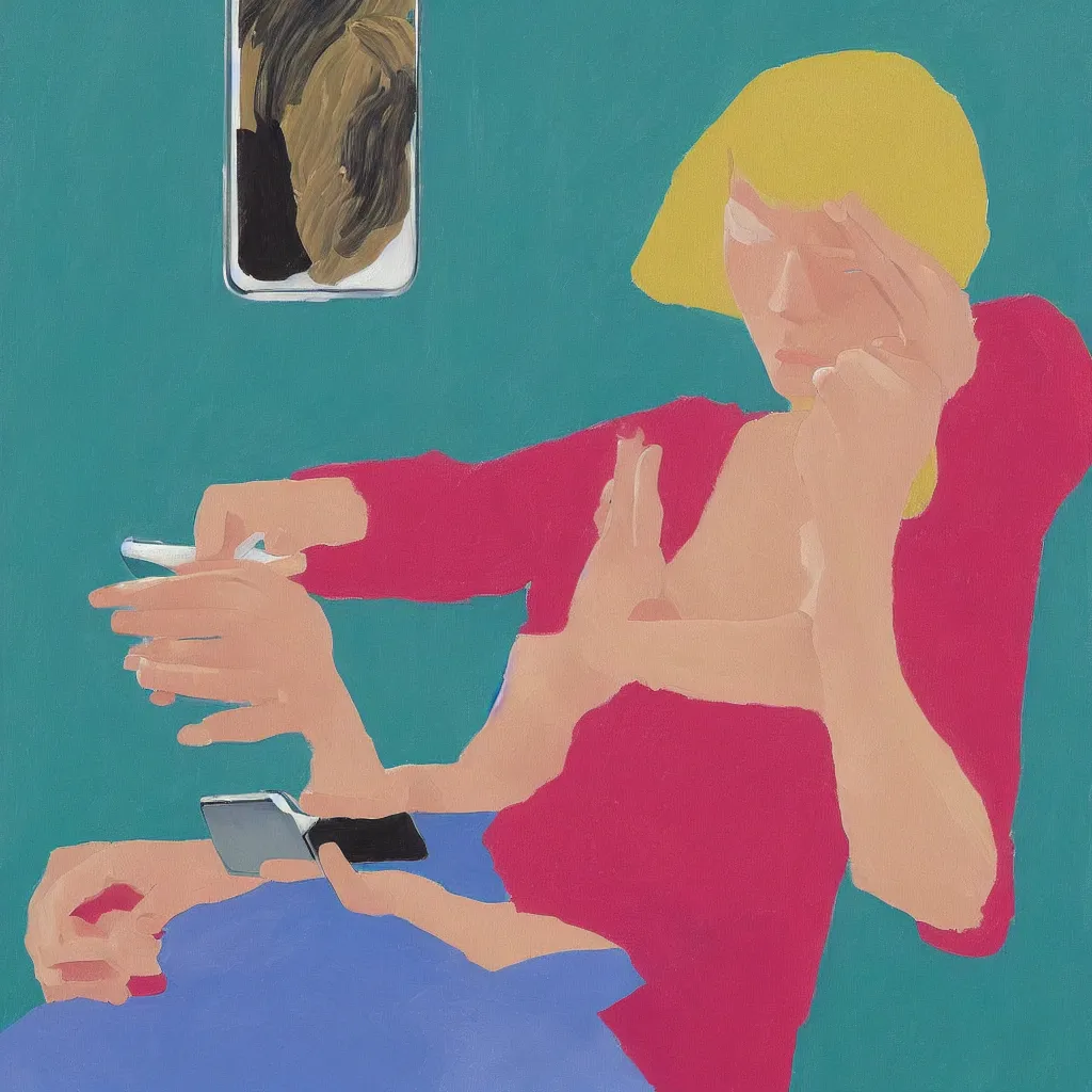 Image similar to i, a photorealistic painting of a beautiful woman playing her iphone, by david hockney