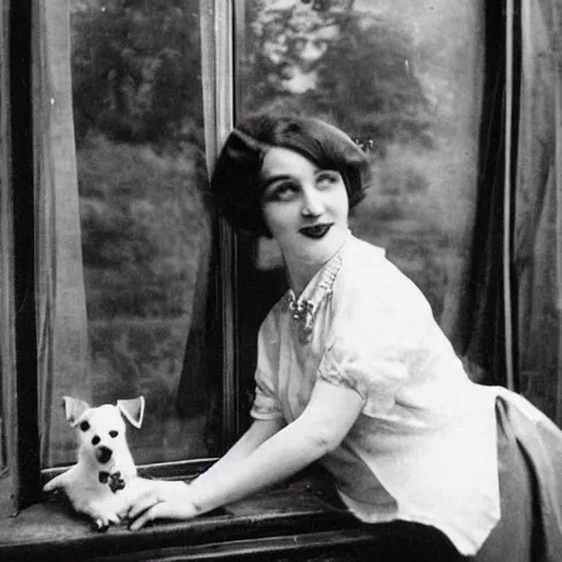 Prompt: an vintage wide snapshot from the 1 9 2 0 s shows a archduchess with posing with her dog, a jack russell terrier, outside an open window. she wears a fancy white shirt with a big bowtie, along with a dark - colored skirt. she wore her wristwatch over the cuff of her blouse in the manner of gianni agnelli.