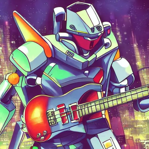 Image similar to A cell animation of a robot shredding a guitar solo in a futuristic city street, macross, gundam, ghibli style, illustration, anime, trending on artstaion