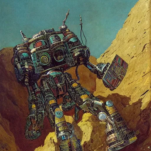 Image similar to mayan mecha in mesa landscape by j. c. leyendecker, bosch, and beksinski