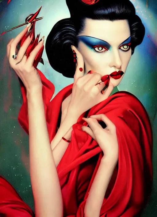 Image similar to an 8 0 s portrait of a woman with dark eye - shadow and red lips with dark slicked back hair dreaming acid - fueled hallucinations by serge lutens, rolf armstrong, delphin enjolras, peter elson, red cloth background