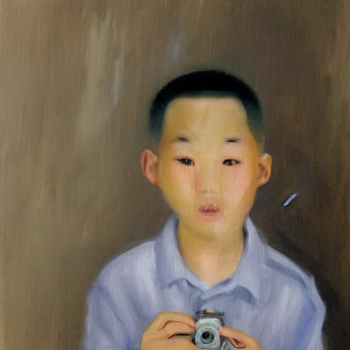 Prompt: impressionist painting of a chinese boy with buzz cut holding a camera