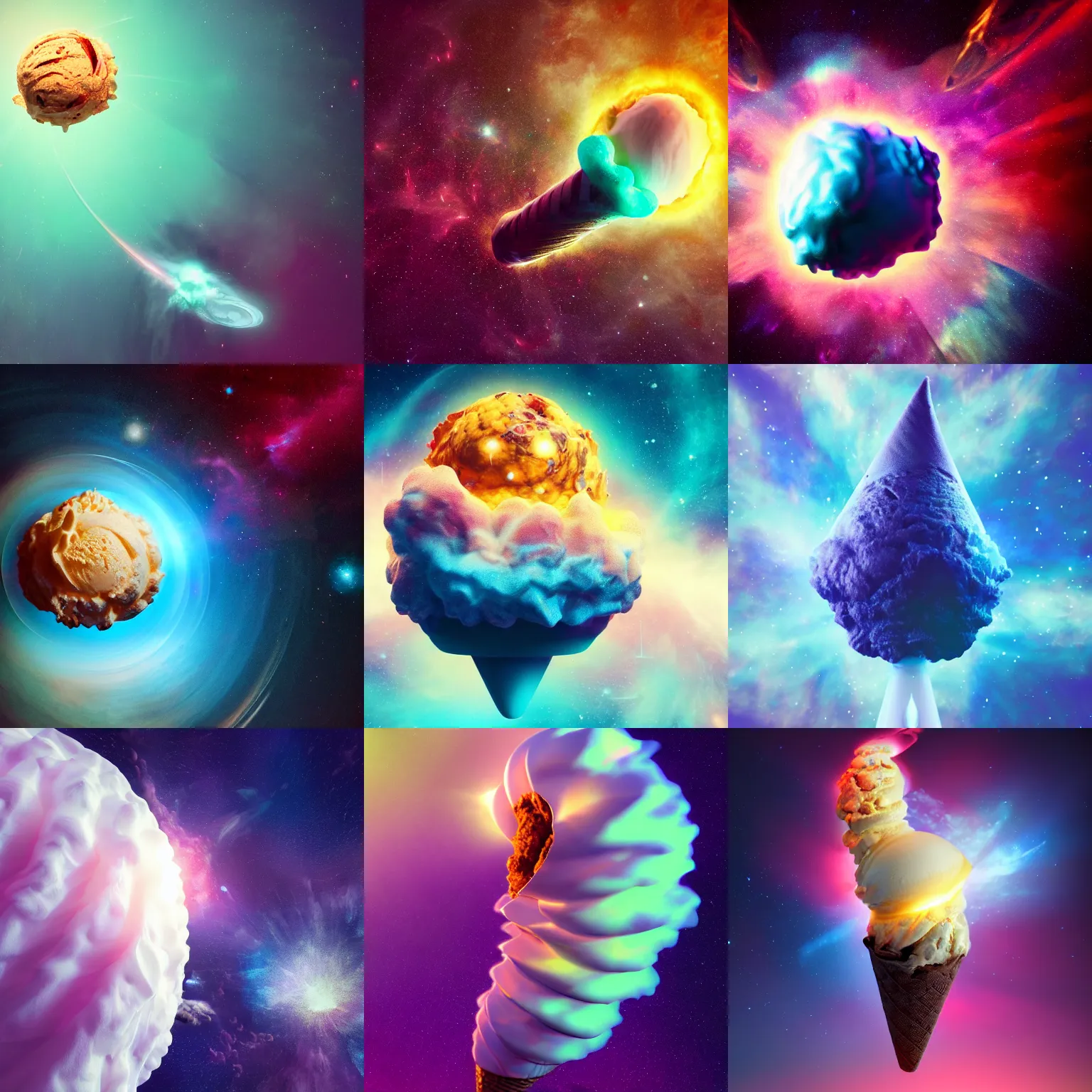 Prompt: dramatic render of a cosmic ice cream cone floating in space, radiating with a supernova of flavors, dreamscape, cgsociety, artstation, 4 k