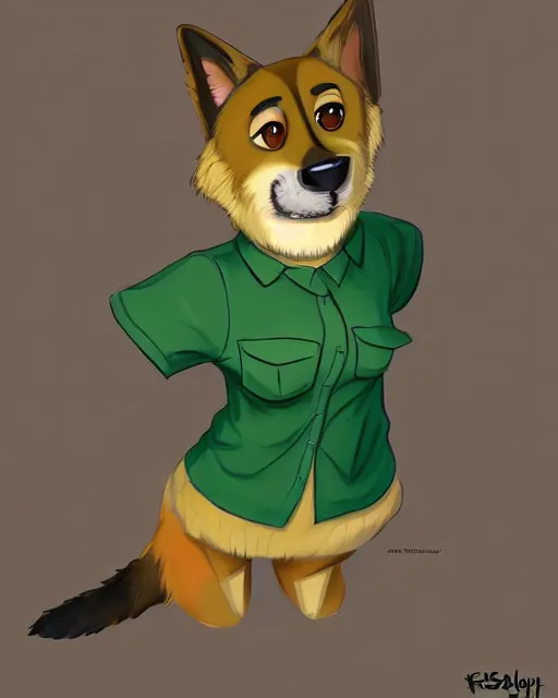 Image similar to digital painting full body of anthropomorphic furry female german shepherd dog, in style of zootopia, female fursona, furry, furaffinity, 4 k, deviantart, furry art, fursona art, wearing a green shirt, dog fursona, female, cute detailed feminine face,