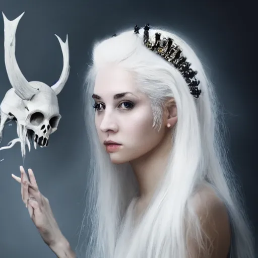 Image similar to a pale girl with white hair wears an animal skull as a crown, cinematic lighting, ultra detailed, grand master oil painting