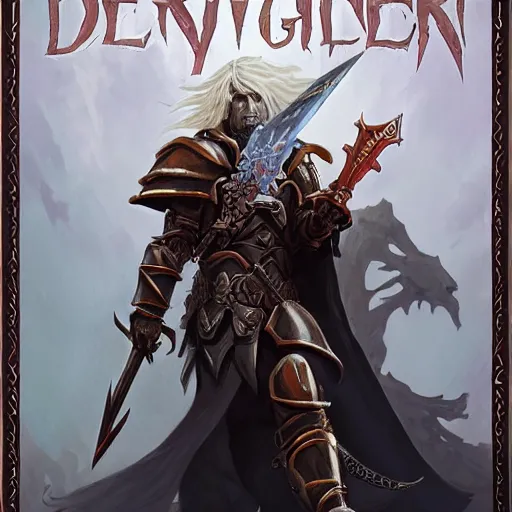 Prompt: albino knight with long white hair and black armor, sword and sorcery, dungeons and dragons, book cover, in the style of peter mohrbacher and nick brummer