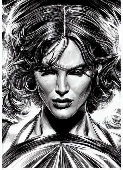 Image similar to portrait, queen of eternal beauty and Power, black and white comic panel, cover Art, Dynamic lighting, cinematic, establishing shot, extremely high detail, photo realistic, cinematic lighting, pen and ink, intricate line drawings, post processed, concept art, artstation, matte painting, midjourney, style by alex ross, neal adam