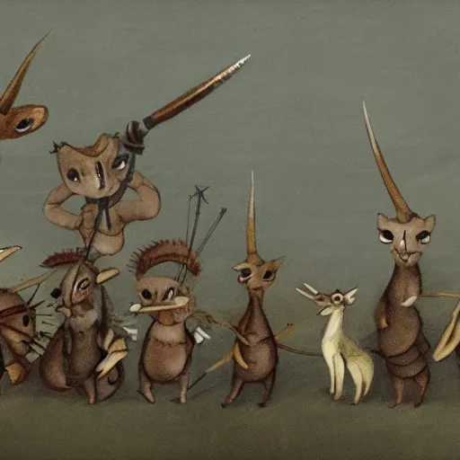 Prompt: a band of little horned creatures with weapons and nets and traps looking menacingly