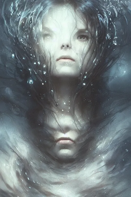 Image similar to floating in deep dark murky water!!!, underwater atmospheric mood, dark surreal mood! cinematic volumetric lights, bust portrait, dnd, fantasy, intricate, elegant, highly detailed, digital painting, artstation, concept art, smooth, sharp focus, illustration, art by artgerm and tom bagshaw and greg rutkowski and alphonse mucha