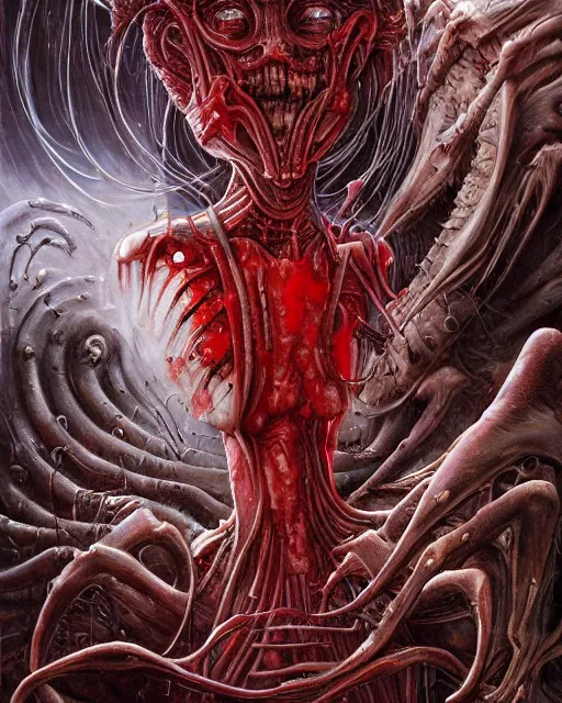 Image similar to bloody fleshmetal hamburger, by antonio j. manzanedo, giger, alex grey, android jones, wayne barlowe, philippe druillet, raymond swanland, cyril rolando, josephine wall, harumi hironaka, trending on artstation