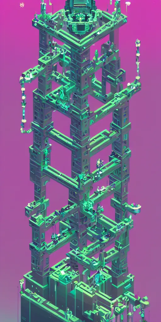 Image similar to isometric portrait of advanced alien, his last moment, mystical, magicavoxel intricate ornamental tower floral flourishes, technology meets fantasy, map, infographic, concept art, art station, style of monument valley, giger, wes anderson