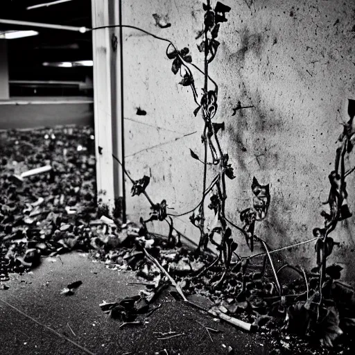 Image similar to a ransacked grocery store, broken signs, filthy flooring. Vines growing. Dystopian. Grainy. Award-winning photo. Sigma 40mm f/1.4 DG HSM