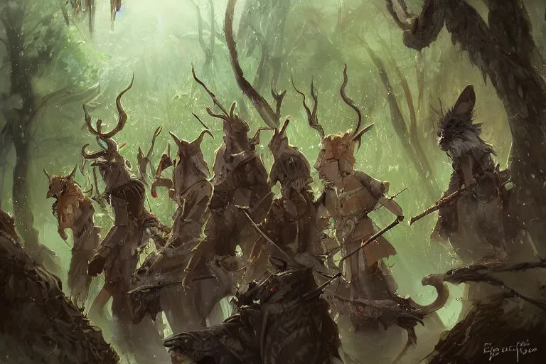 Prompt: dungeons and dragons fantasy painting, platoon of ashigaru mice emerge from the forest, tanegashima, hooded cloaks, whimsical and cute, determined expressions, watery eyes, anime inspired by krenz cushart, brown fur, tufty whiskers, feathered arrows, bamboo forest, dawn lighting, by brian froud jessica rossier and greg rutkowski