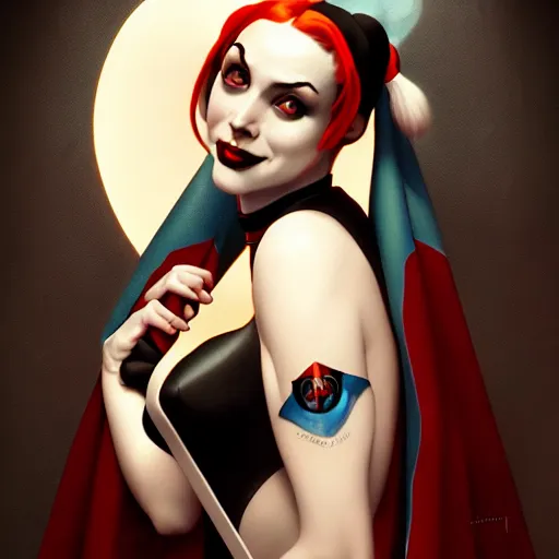 Image similar to Harley Quinn as a nun, dark fantasy, medium shot, intricate, elegant, highly detailed, digital painting, volumetric light, artstation, concept art, smooth, sharp focus, illustration, art by Gil Elvgren and Greg Rutkowski and Alphonse Mucha