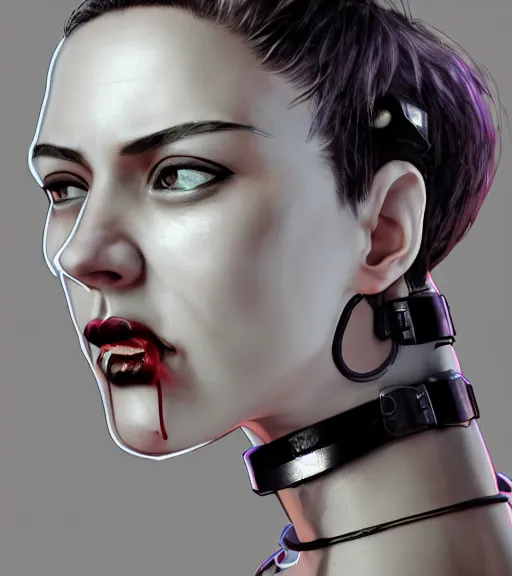 Prompt: detailed realistic female character cyberpunk wearing thick large collar around neck, realistic, art, beautiful, 4K, collar, choker, collar around neck, punk, artstation, detailed, female, woman, choker, cyberpunk, neon, punk, collar, choker, collar around neck, thick collar, tight around neck, punk,