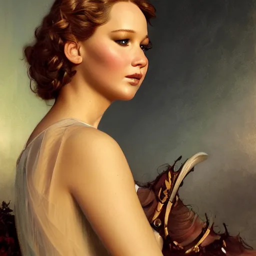 Image similar to Jennifer Lawrence as angel, medieval art, medium shot, intricate, elegant, highly detailed, digital painting, volumetric light, artstation, concept art, smooth, sharp focus, illustration, art by Gil Elvgren and Greg Rutkowski and Alphonse Mucha, 8K