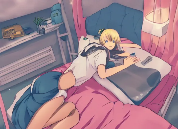 Image similar to girl laying on bed, boring, anime, 1 9 9 0 s, retro style, aesthetic, chill, room