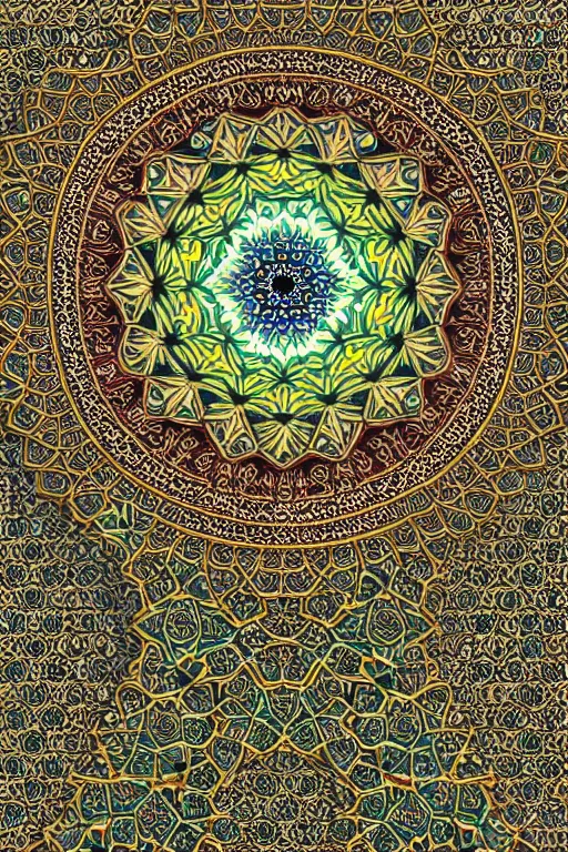 Prompt: islamic fractals symmetric trending on artstation