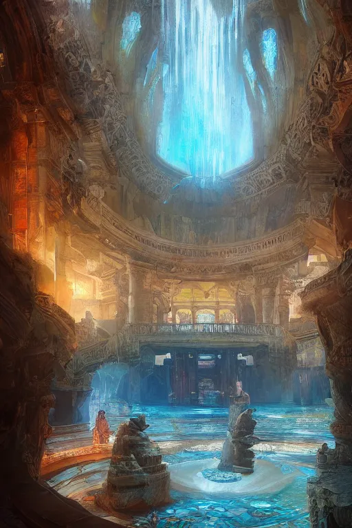 Image similar to inside of an atlantis palace, intricate, elegant, volumetric lighting, digital painting, highly detailed, artstation, sharp focus, illustration, concept art, ruan jia, steve mccurry