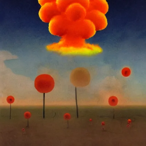 Prompt: an atomic explosion mushroom cloud that looks like a clown and is made of many smaller clowns recursive
