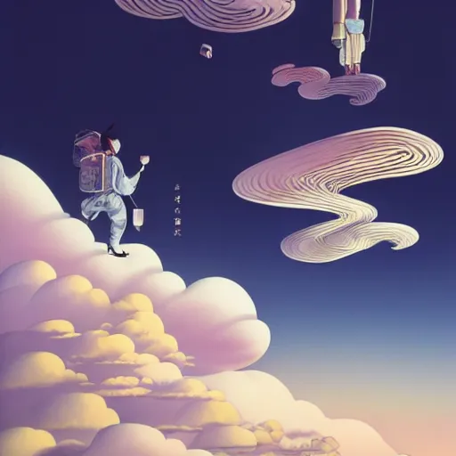 Image similar to a man walking on clouds above kyoto by takashi murakami, beeple and james jean, aya takano color style, 4 k, super detailed, modern, 4 k