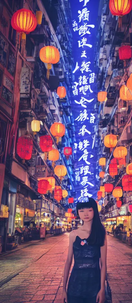 Prompt: a beautiful chinese young girl standing in the middle of a road on a night Hong Kong china town, blue color grading, cinematic color grading , unreal 5, hyperrealistic, realistic, photorealistic, dynamic lighting, highly detailed, cinematic landscape, studio landscape, studio lighting