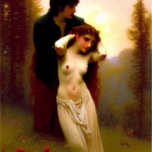 Image similar to twilight version of stranger things, portrait of edward and bella by gaston bussiere in the style of william - adolphe bouguereau, art nouveau