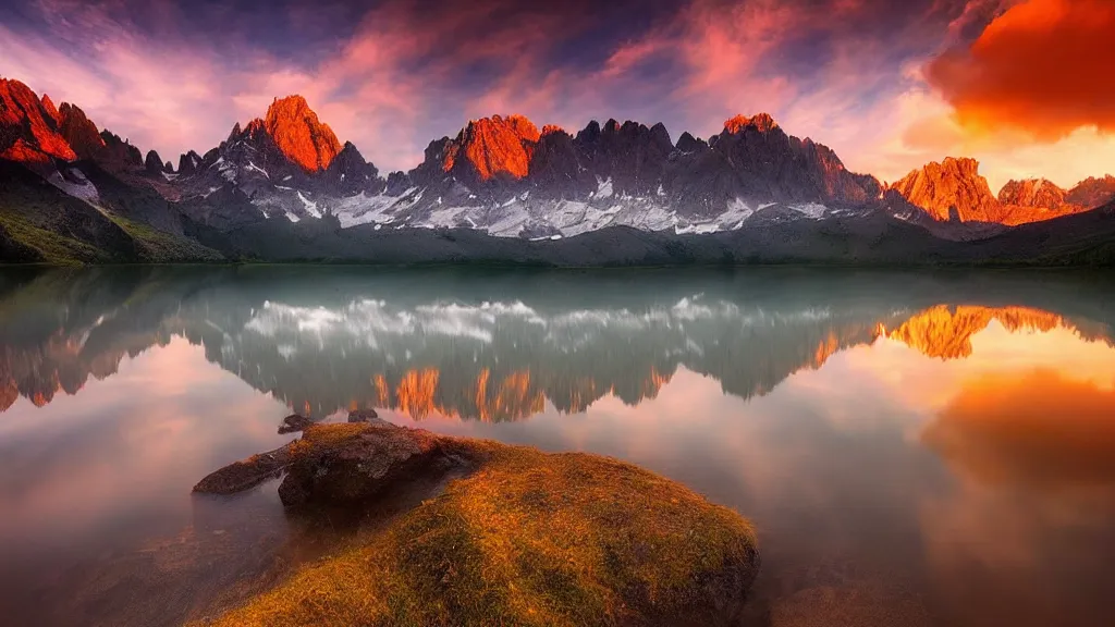 Image similar to amazing landscape photo of mountains with lake in sunset by marc adamus, beautiful dramatic lighting