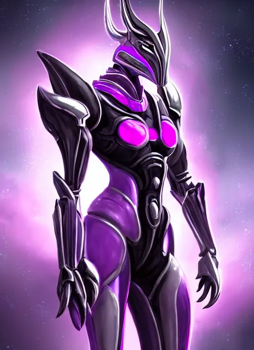 Image similar to cinematic close shot, galactic sized proportional stunning beautiful hot female warframe, sleek mecha goddess dragon head, metal ears, led purple eyes, smooth fuschia skin, smooth silver armor, floating in space, holding a galaxy, epic proportions, epic size, epic detail, furry art, dragon art, giantess art, warframe fanart, furaffinity, octane