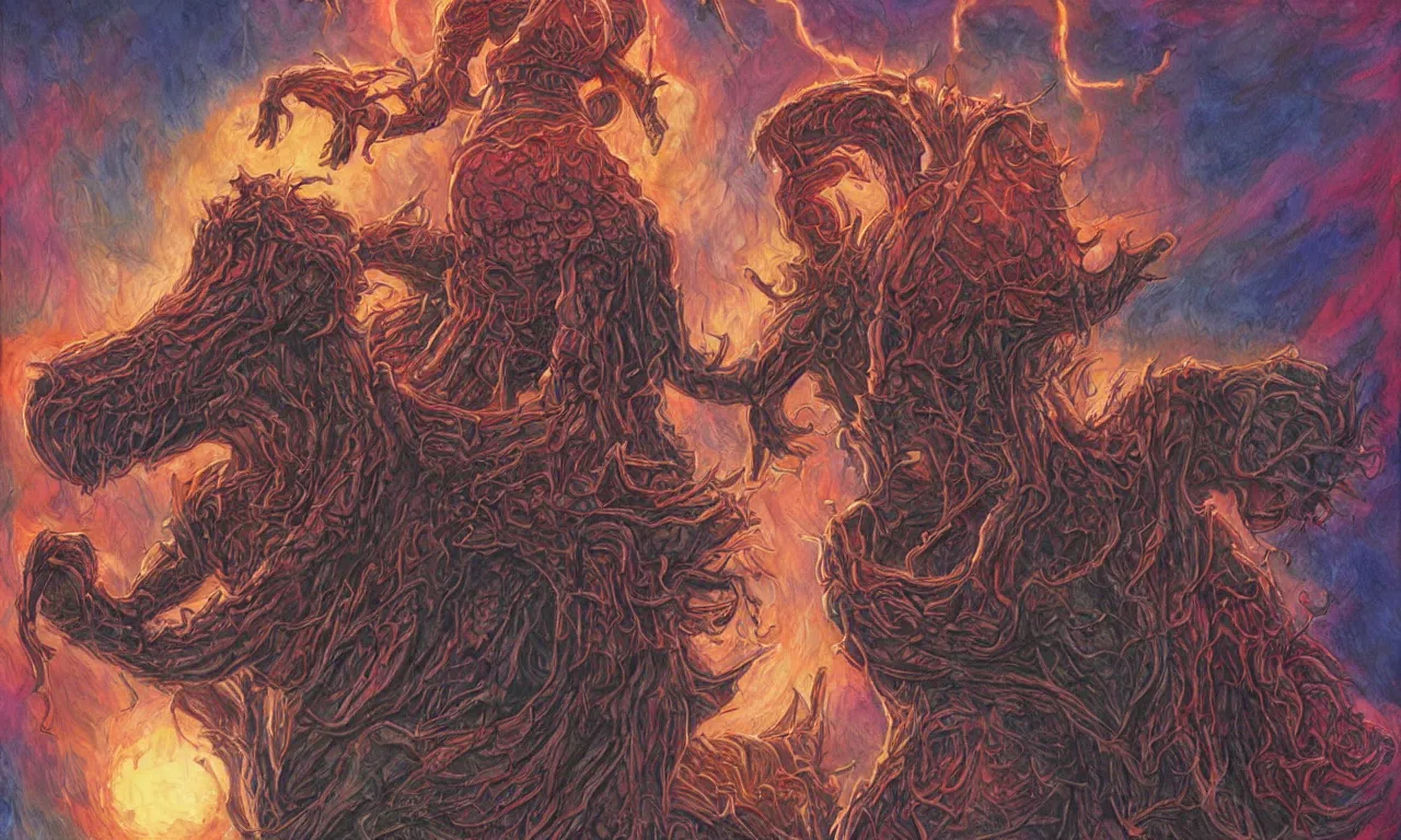 Prompt: demigorgon from stranger things in magic : the gathering card art. high saturation painting in the style of rebecca guay.