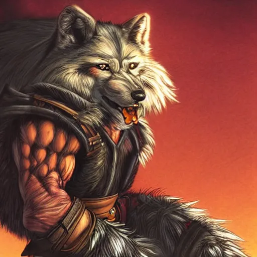 Prompt: 8 0 s comic art of a male anthropomorphic anthro strong wolf man character wearing a fantasy mercenary uniform, forest background during sunset, handsome eyes, moody rembrandt lighting, professional digital art by tetsuya nomura, detailed art, excellent quality, amazing, beautiful fur