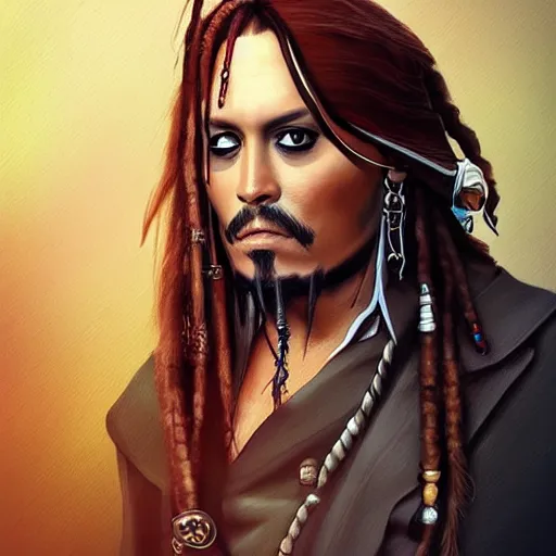 Image similar to portrait of captain jack sparrow, clear clean face, symmetrical face, blurry background, pose, trending on artstation, alexandra fomina artstation, face by ilya kushinov style, style by loish, painterly style, flat illustration, high contrast