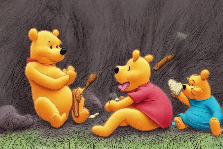 Prompt: winnie the pooh and piglet eating spare ribs, digital art, high detail, hyper realistic,