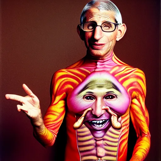 Image similar to uhd photorealisitc candid photo of anthony fauci wearing hyperdetailed slim goodbody costume. correct coostume. correct face, accurate face. photo by annie leibowitz and steve mccurry