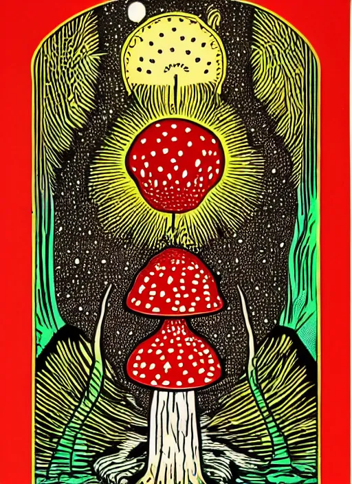 Image similar to tarot card designed by charles burns, painted with oil paint, depicting a drawing of amanita muscaria mushroom, high priest, ritual, dmt space, intricate, ornate