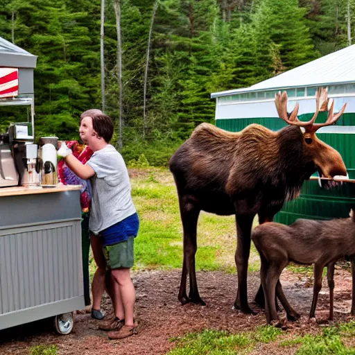 Prompt: a family of moose selling coffee at a stand in new hampshire, realistic, 8 k