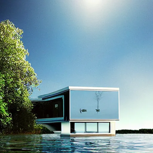 Image similar to ” water floating futuristic house surrounded by water ”