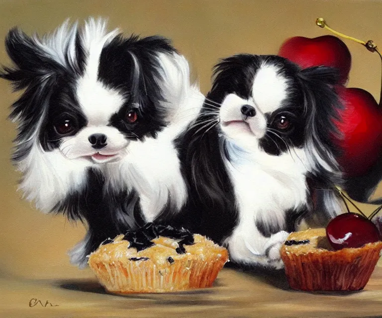 Image similar to white and black japanese chin dog eating cherry muffins, oil painting